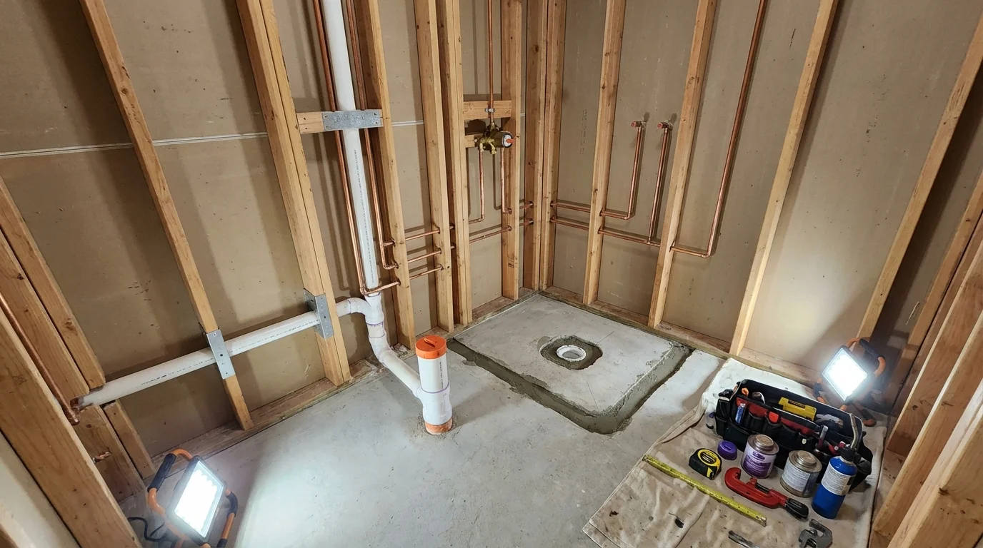 Bathroom rough-in plumbing during remodel by Johns Plumbing LLC in Hanover Park