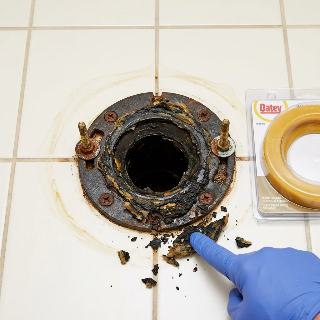 Failed wax ring showing water seepage at the base of a toilet in a Hanover Park, IL home