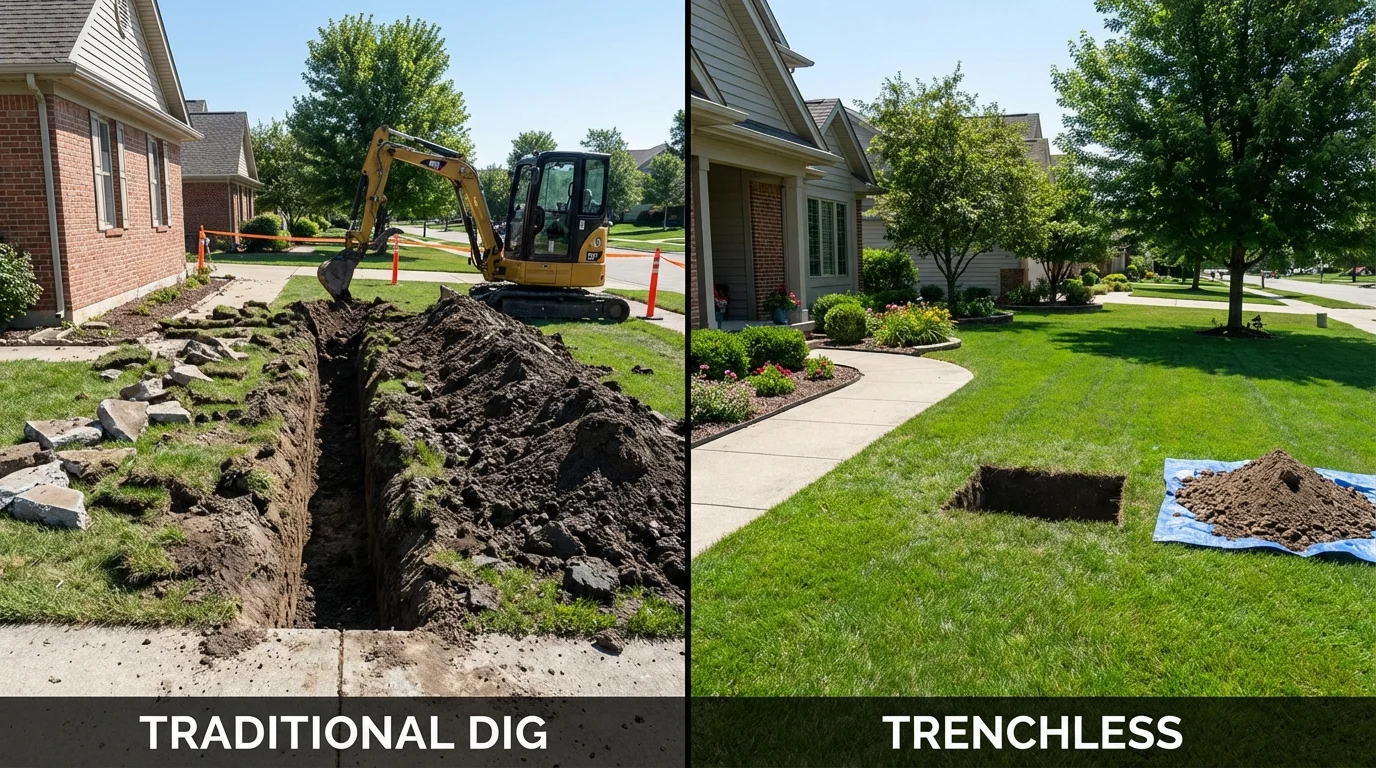 Trenchless sewer repair with minimal yard damage versus traditional excavation in Hanover Park, IL