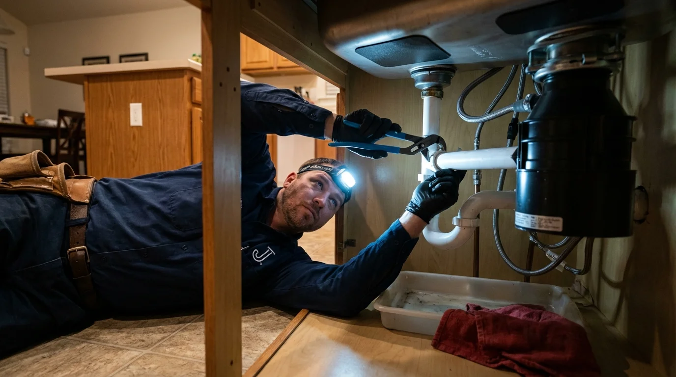 P-trap and supply line connections under a kitchen sink showing a common leak point in Hanover Park, IL
